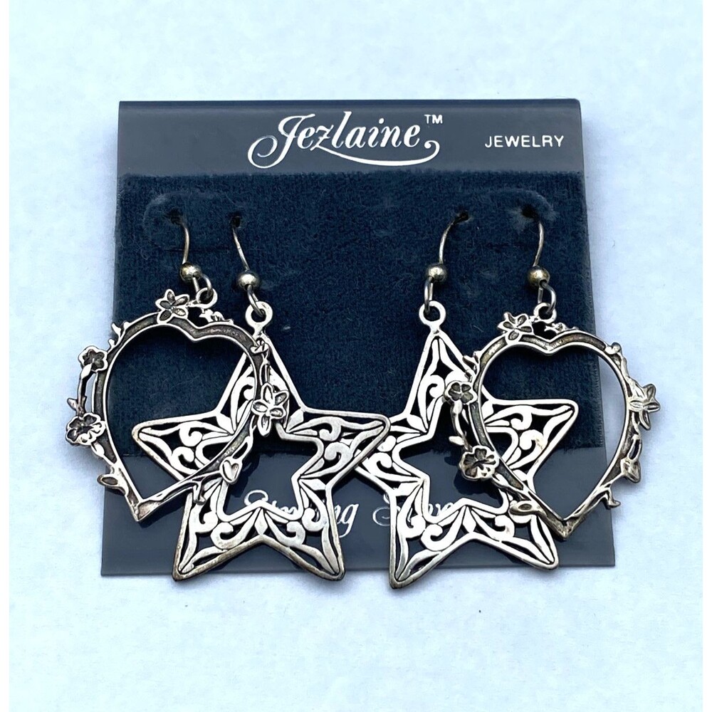 Vintage Jezlaine Sterling Silver Heart & Star Dangle Earrings 2 Pair Set NOS